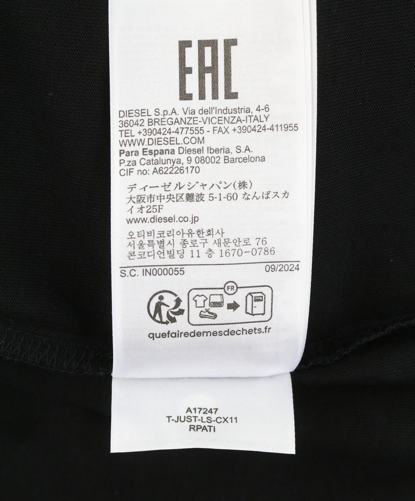 DIESEL T-Just-LS-CX11 Men T-Shirt L Black Shiny Pattern Crew Neck Long Sleeved