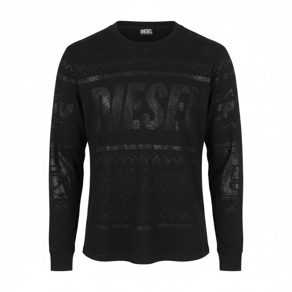 DIESEL T-Just-LS-CX11 Men T-Shirt 2XL Black Shiny Pattern Crew Neck Long Sleeved