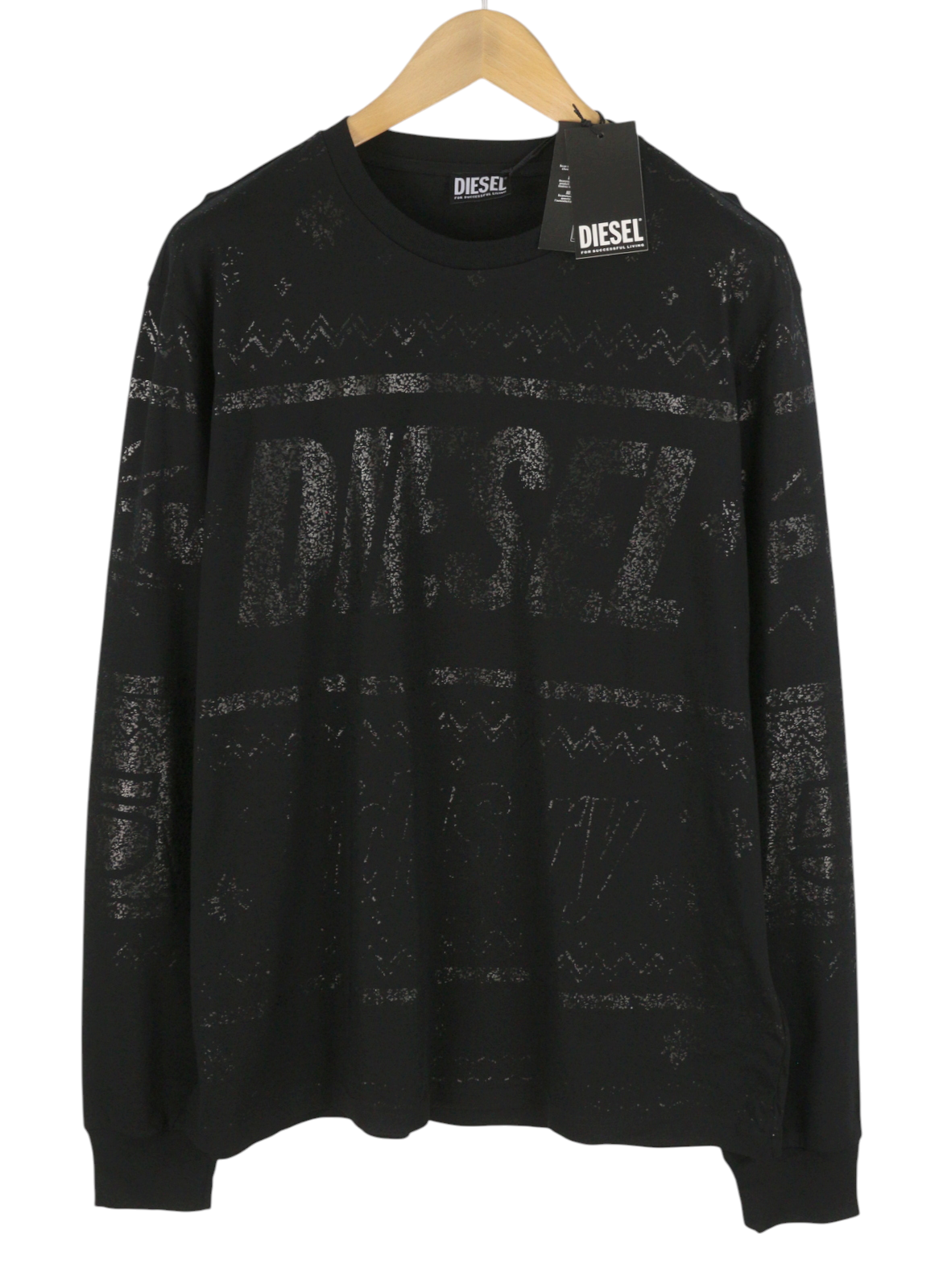 DIESEL T-Just-LS-CX11 Men T-Shirt XL Black Shiny Pattern Crew Neck Long Sleeved
