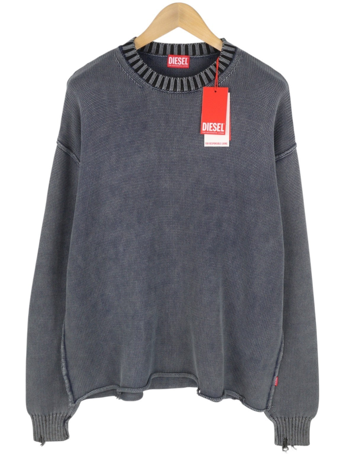 DIESEL K-Delos-A Men Jumper L Blue Faded Distress Oversized Pull On RRP395