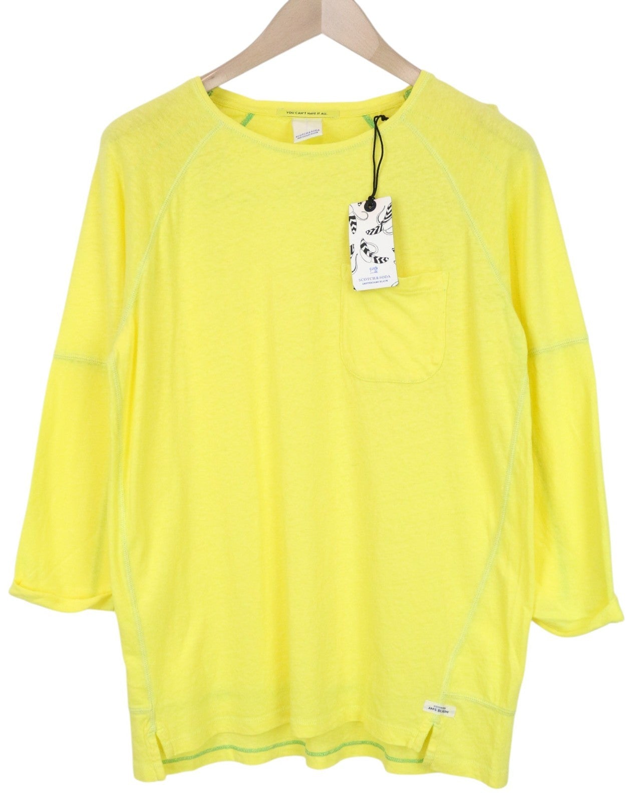 SCOTCH & SODA Ams Blauw Men T-Shirt S/M Yellow 3/4 Sleeved Pull On Pocketed