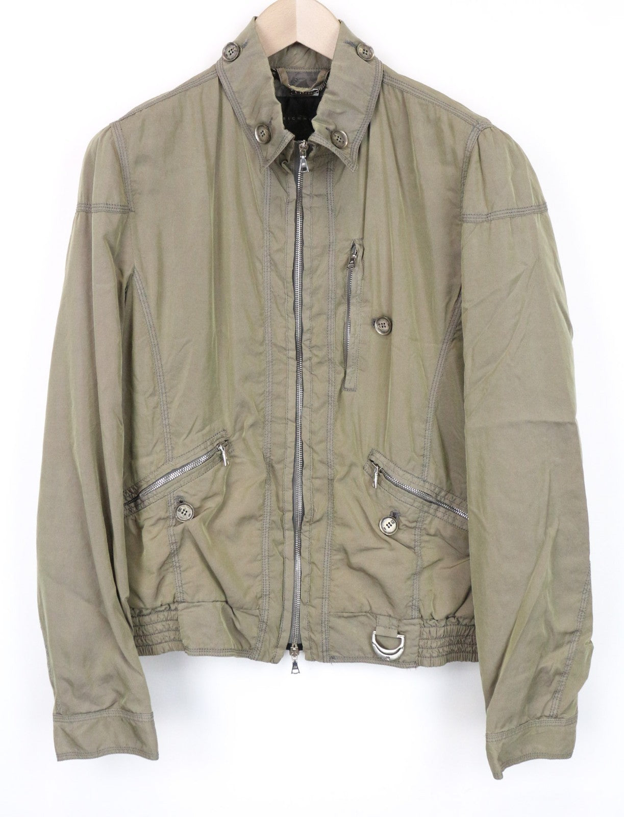 JOHN RICHMOND Men Jacket 48 M Khaki Green Silk Blend Zipped Lightweight