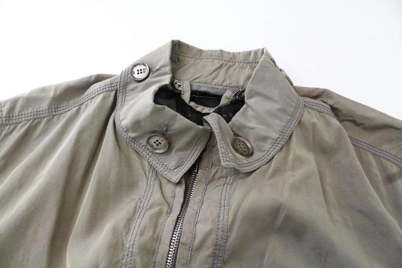 JOHN RICHMOND Men Jacket 48 M Khaki Green Silk Blend Zipped Lightweight