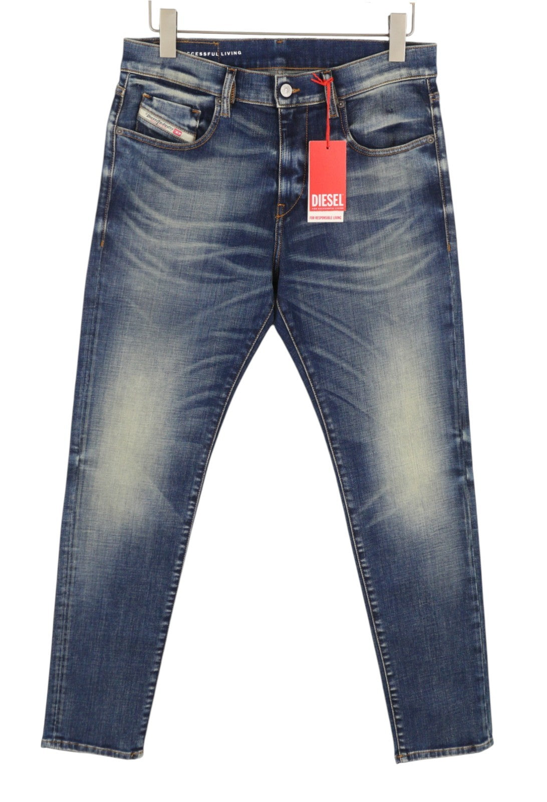 DIESEL 2019 D-Strukt 09J50 Men Jeans W32 Blue Whiskers Faded Slim Fit RRP195