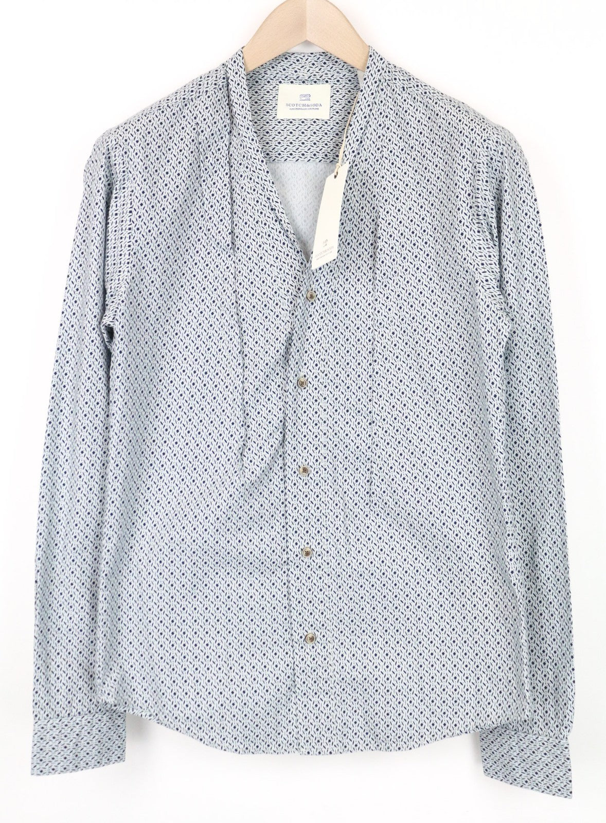 SCOTCH & SODA Men Shirt S Blue Patterned Button Up Classic Cotton Poplin