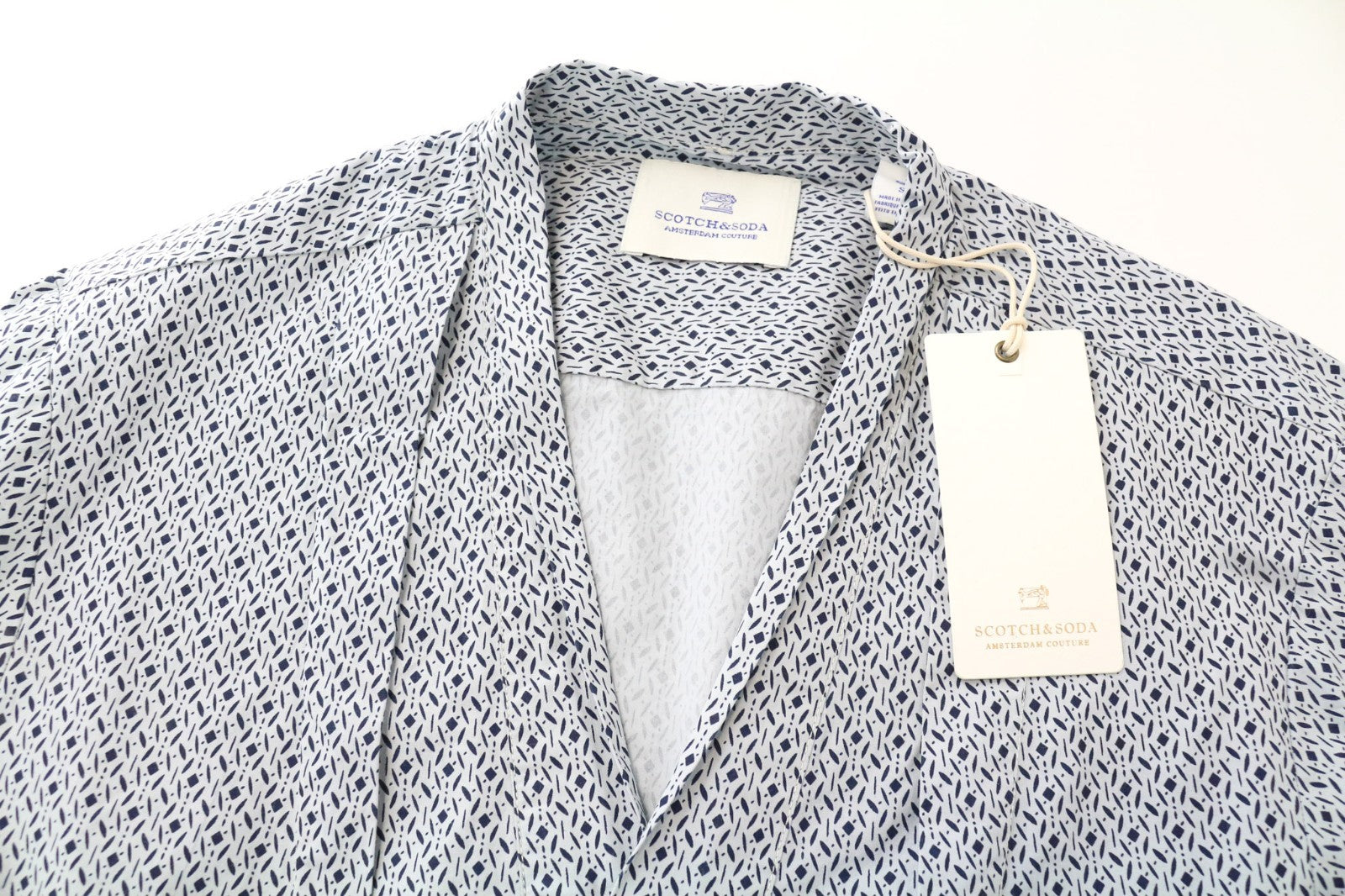 SCOTCH & SODA Men Shirt S Blue Patterned Button Up Classic Cotton Poplin