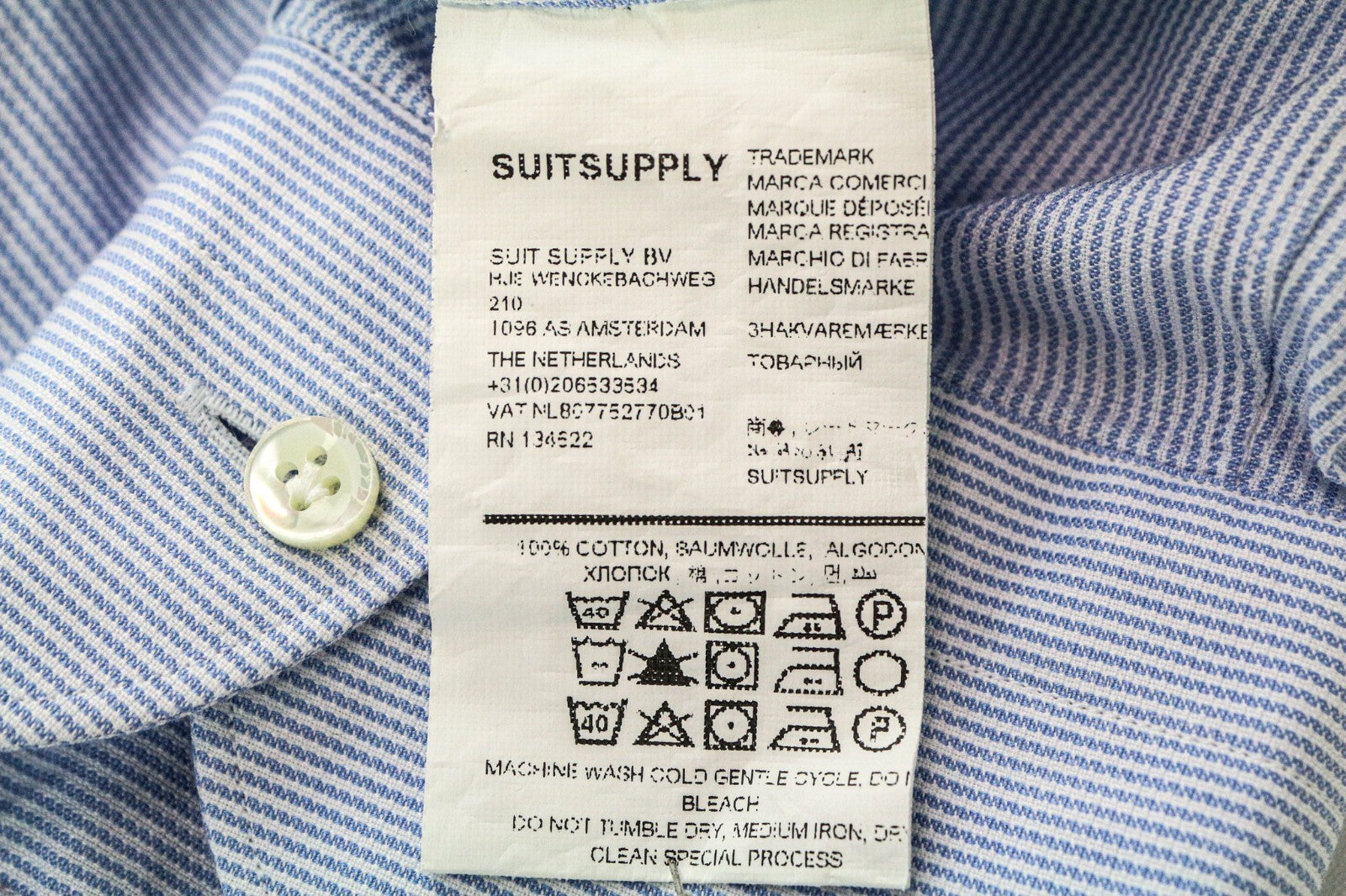 SUITSUPPLY Men Shirt 47L/18 1/2L Slim Blue Pure Cotton Striped Pattern Formal