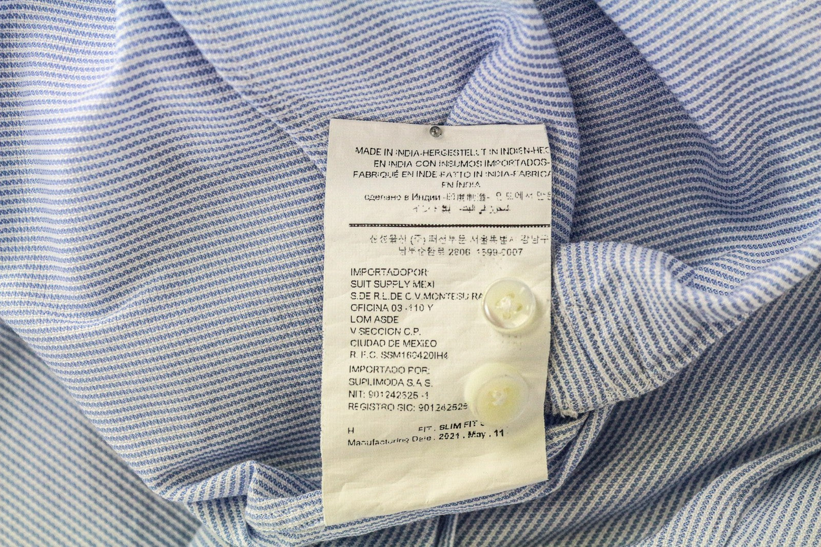 SUITSUPPLY Men Shirt 47L/18 1/2L Slim Blue Pure Cotton Striped Pattern Formal