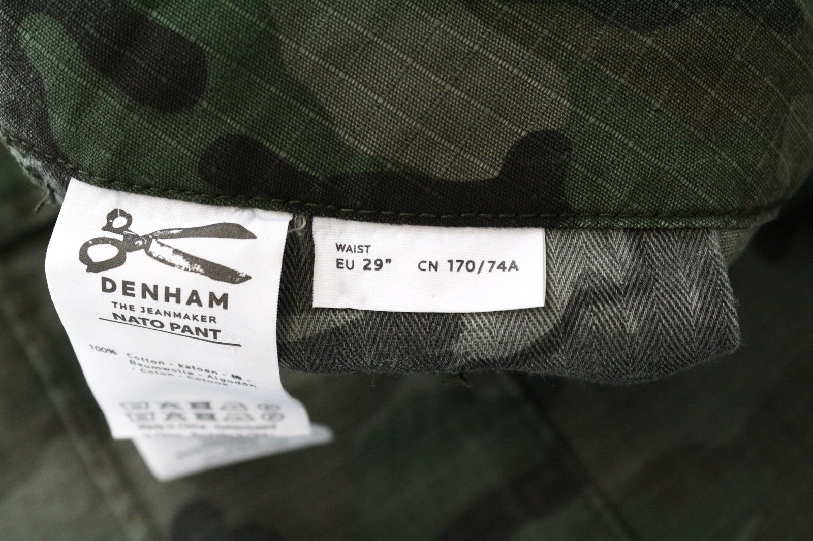 DENHAM Nato Men Trousers W29/L34 Pure Cotton Green Camouflage Pattern Cargo