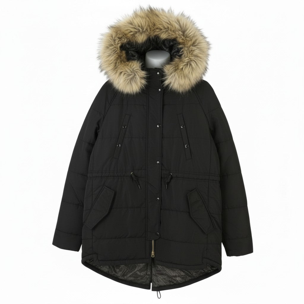 REPLAY Women Jacket L Black Hooded Padded Parka Drawstring Waist Oversized