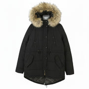 REPLAY Women Jacket L Black Hooded Padded Parka Drawstring Waist Oversized