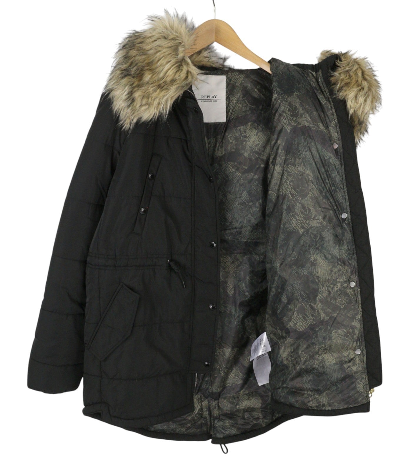 REPLAY Women Jacket L Black Hooded Padded Parka Drawstring Waist Oversized
