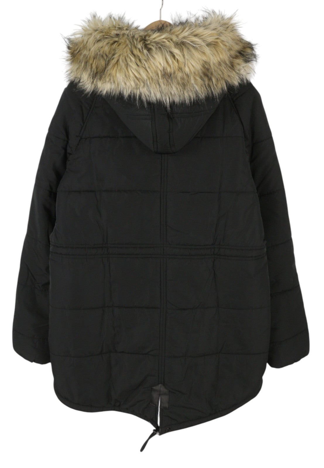REPLAY Women Jacket L Black Hooded Padded Parka Drawstring Waist Oversized
