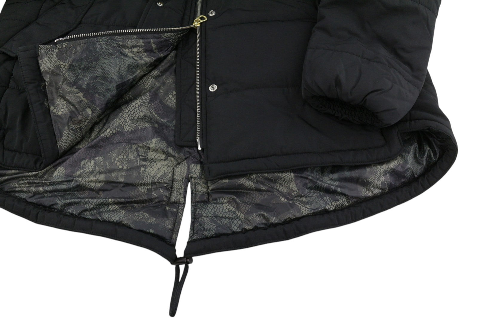 REPLAY Women Jacket L Black Hooded Padded Parka Drawstring Waist Oversized