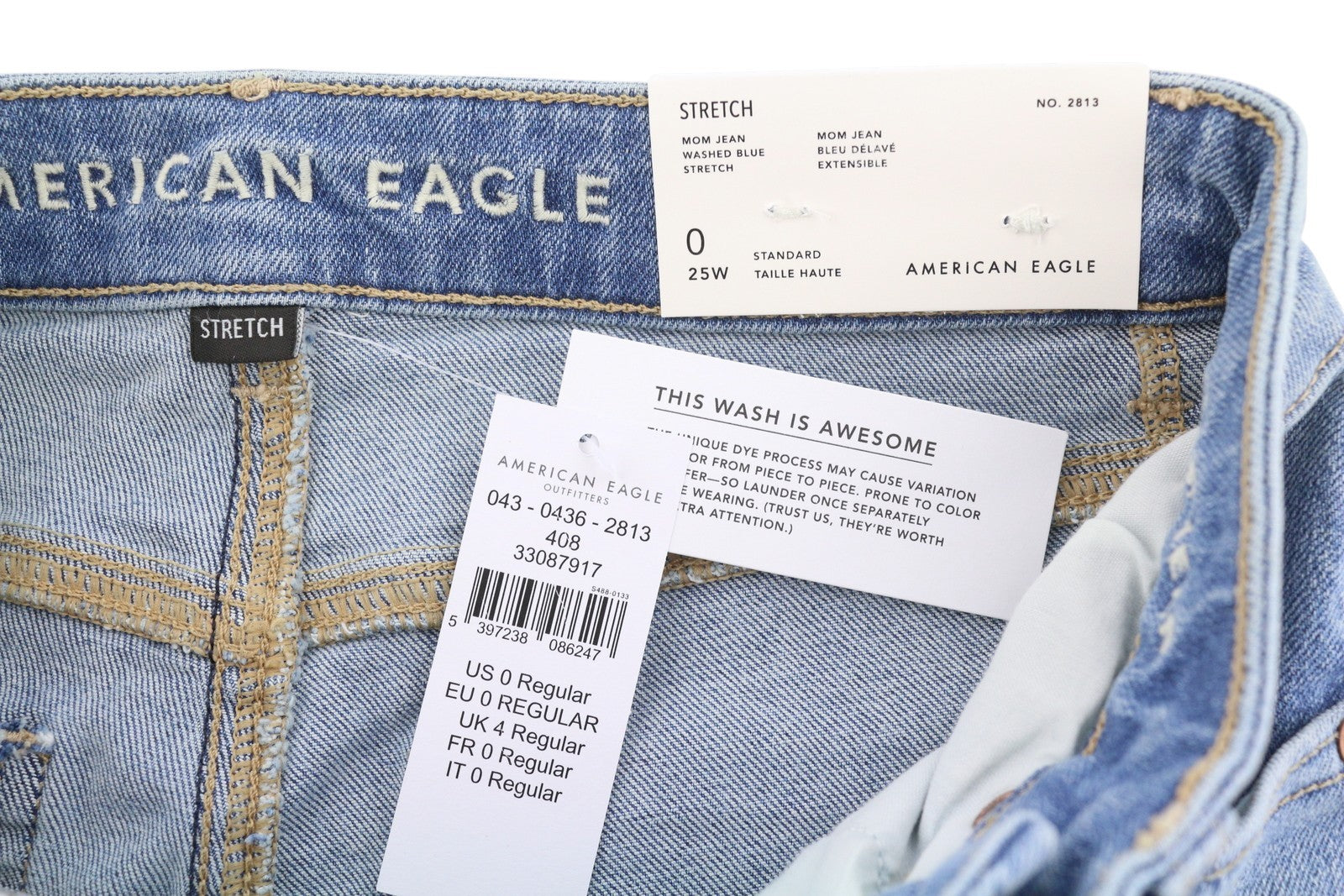 AMERICAN EAGLE OUTFITTERS Mom Washed Blue Women Jeans W25 Stretch Whiskered