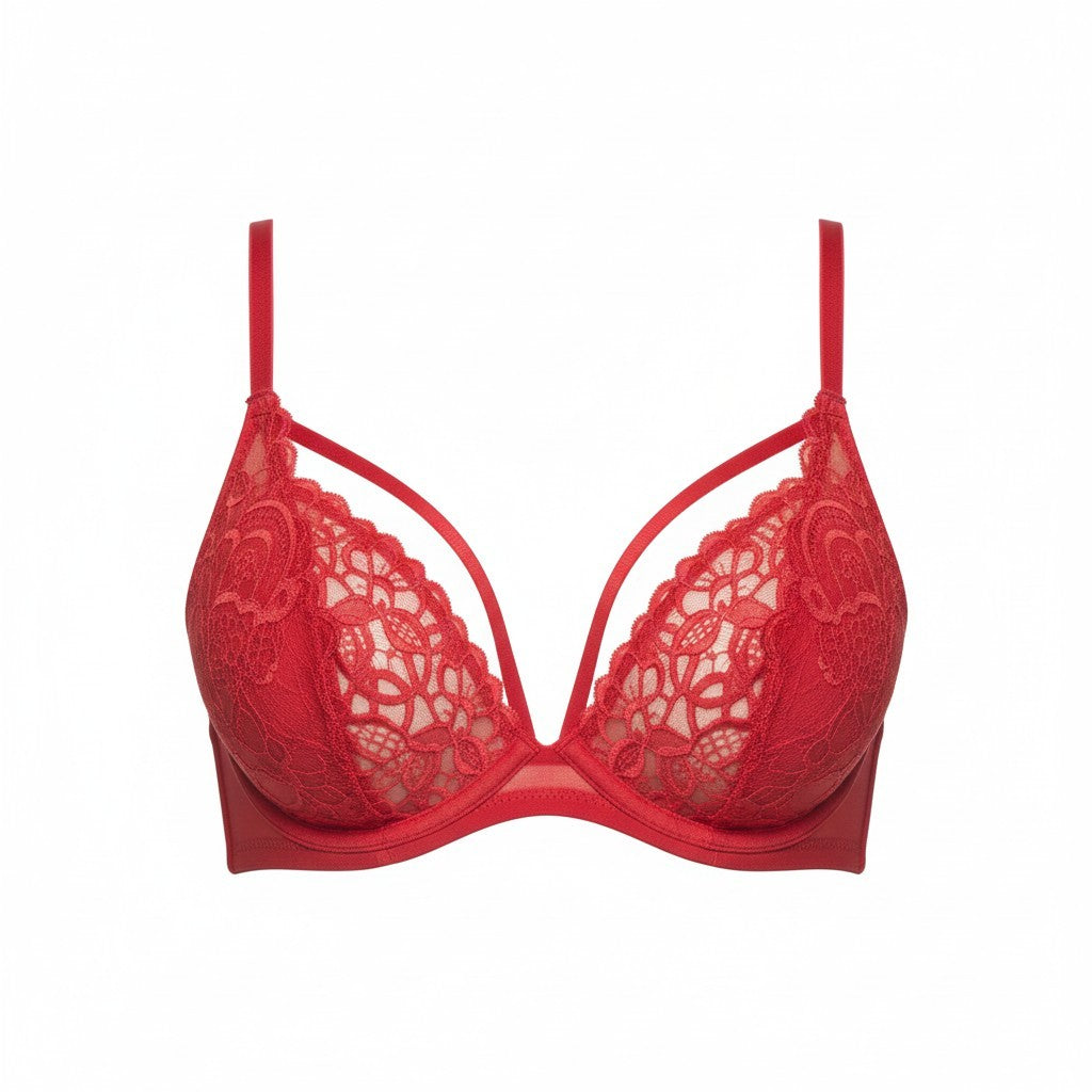 SCANDALE Plunge In Glamour Lace-Wired Women Bra 75B Red Lace Guipure