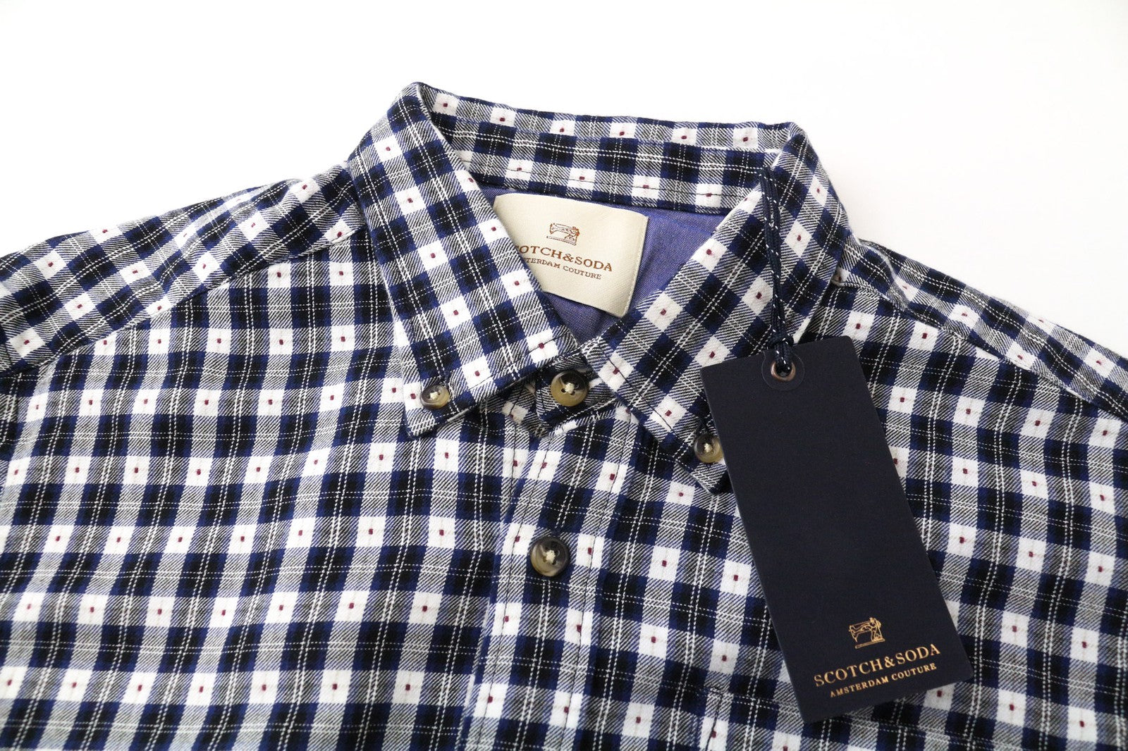 SCOTCH & SODA Men Shirt S Navy Blue Pure Cotton Tartan Plaid Check Button-Down