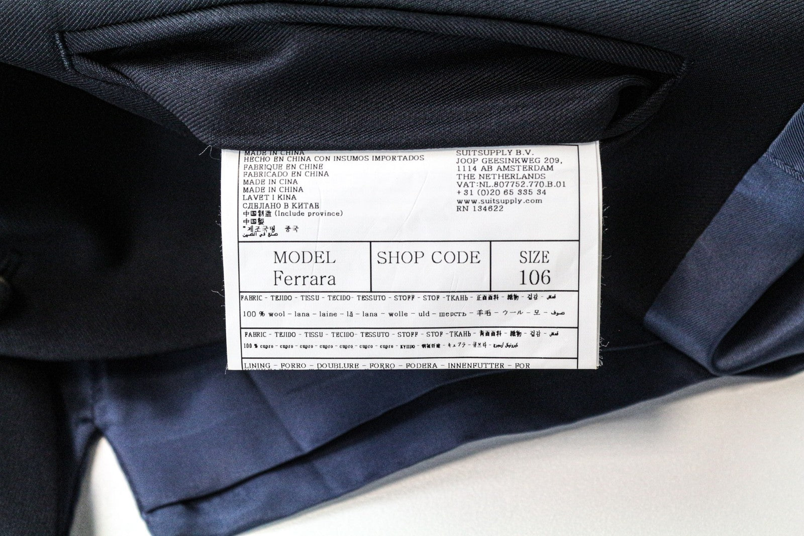 SUITSUPPLY Ferrara Men Suit UK44L Navy Blue Slim 2-Piece Pure Wool Flat-Front