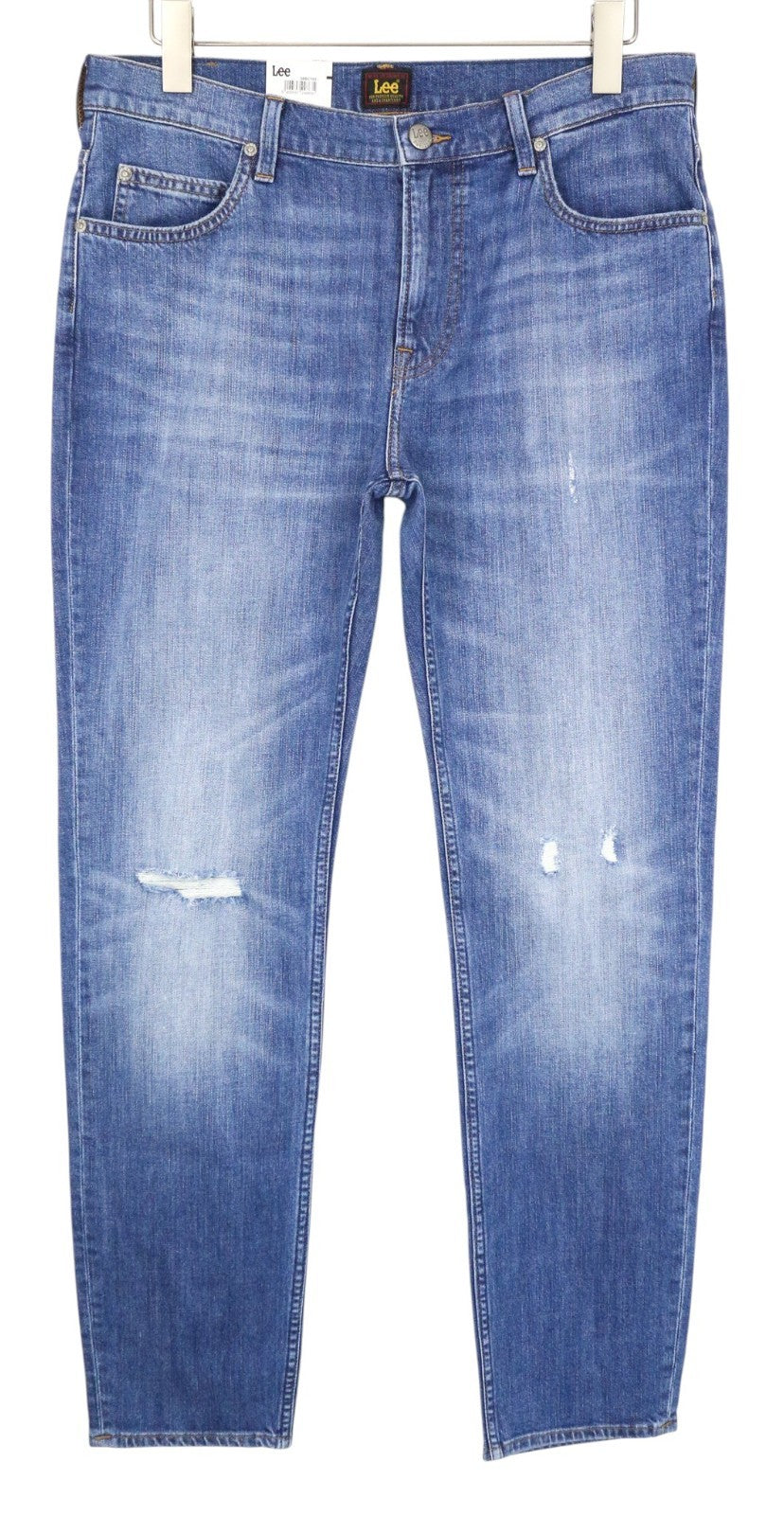 LEE Rider Men Jeans W34/L32 Mid Blue Distressed Slim Stretch Zip-Fly Classic