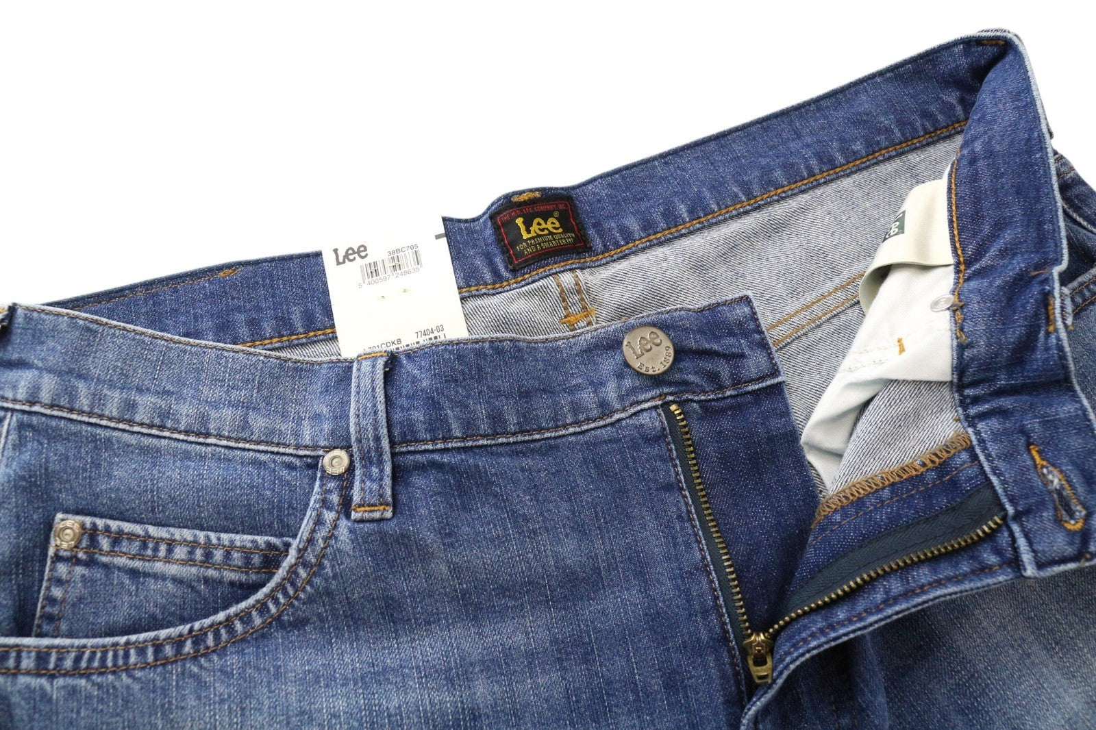 LEE Rider Men Jeans W34/L32 Mid Blue Distressed Slim Stretch Zip-Fly Classic