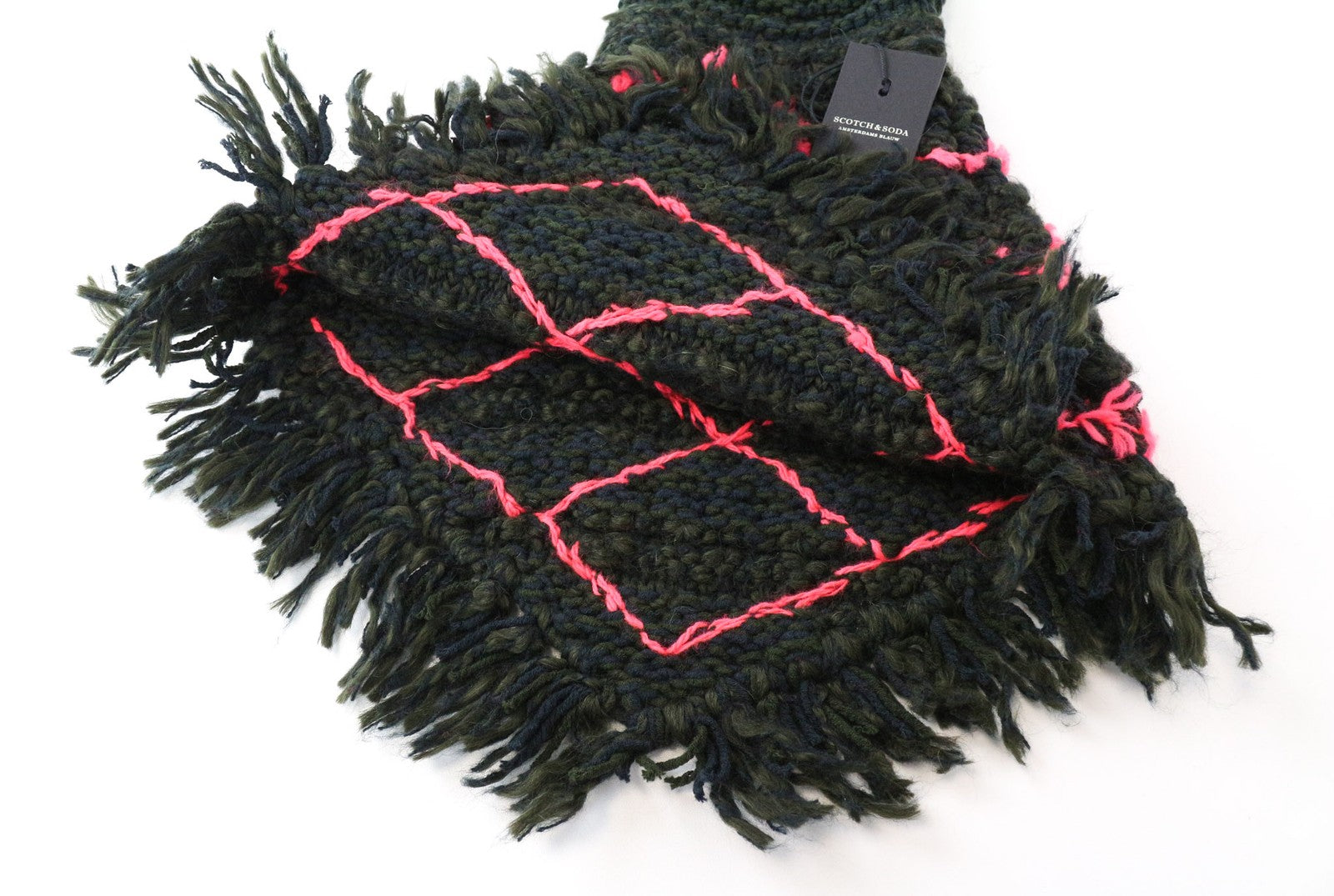SCOTCH & SODA Men Scarf One Size Green Knit Tassels Chunky Patterned