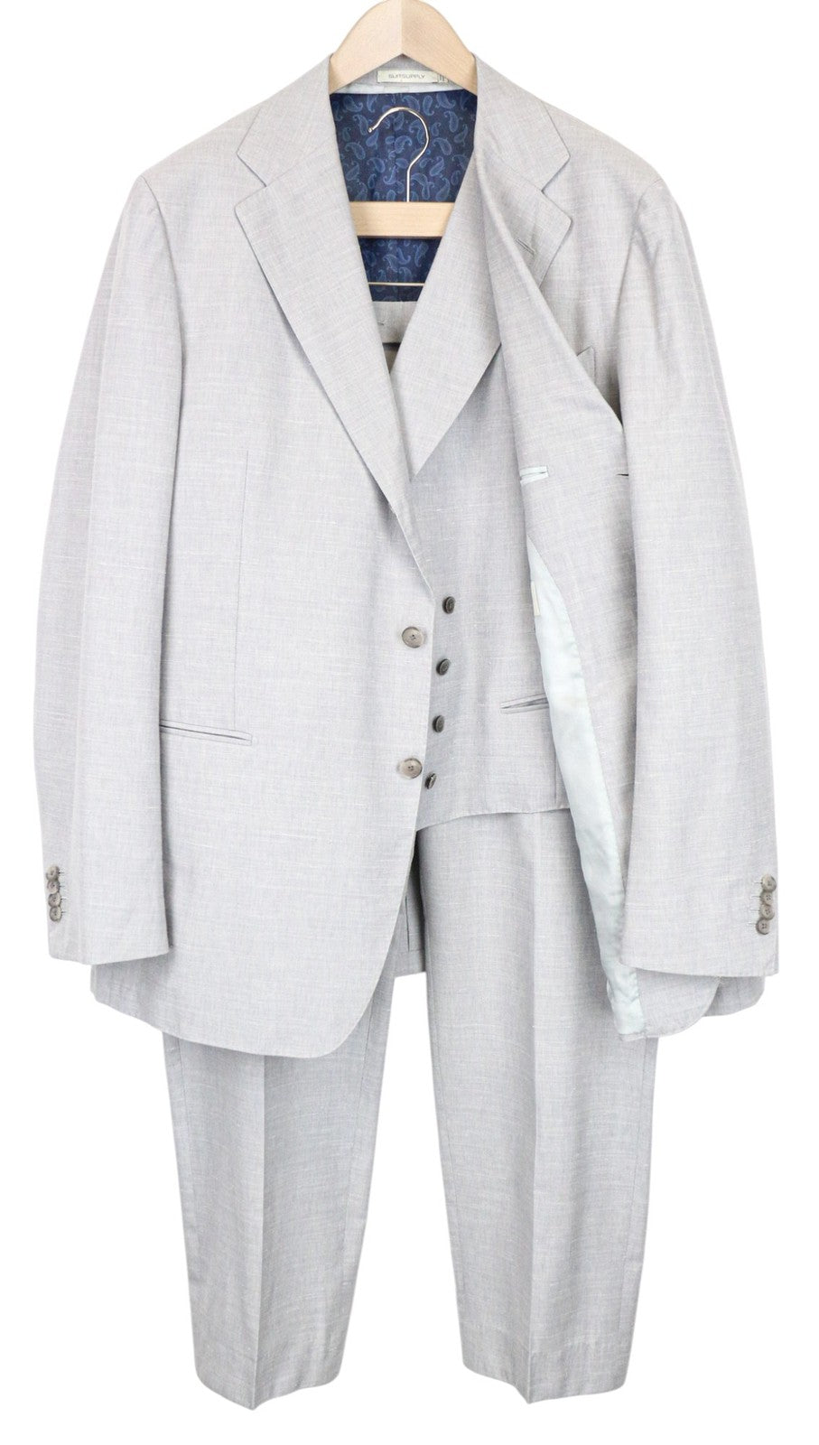 SUITSUPPLY Havana Jetted Men Suit UK50R Grey Melange Slim 2Pc Wool Silk Linen
