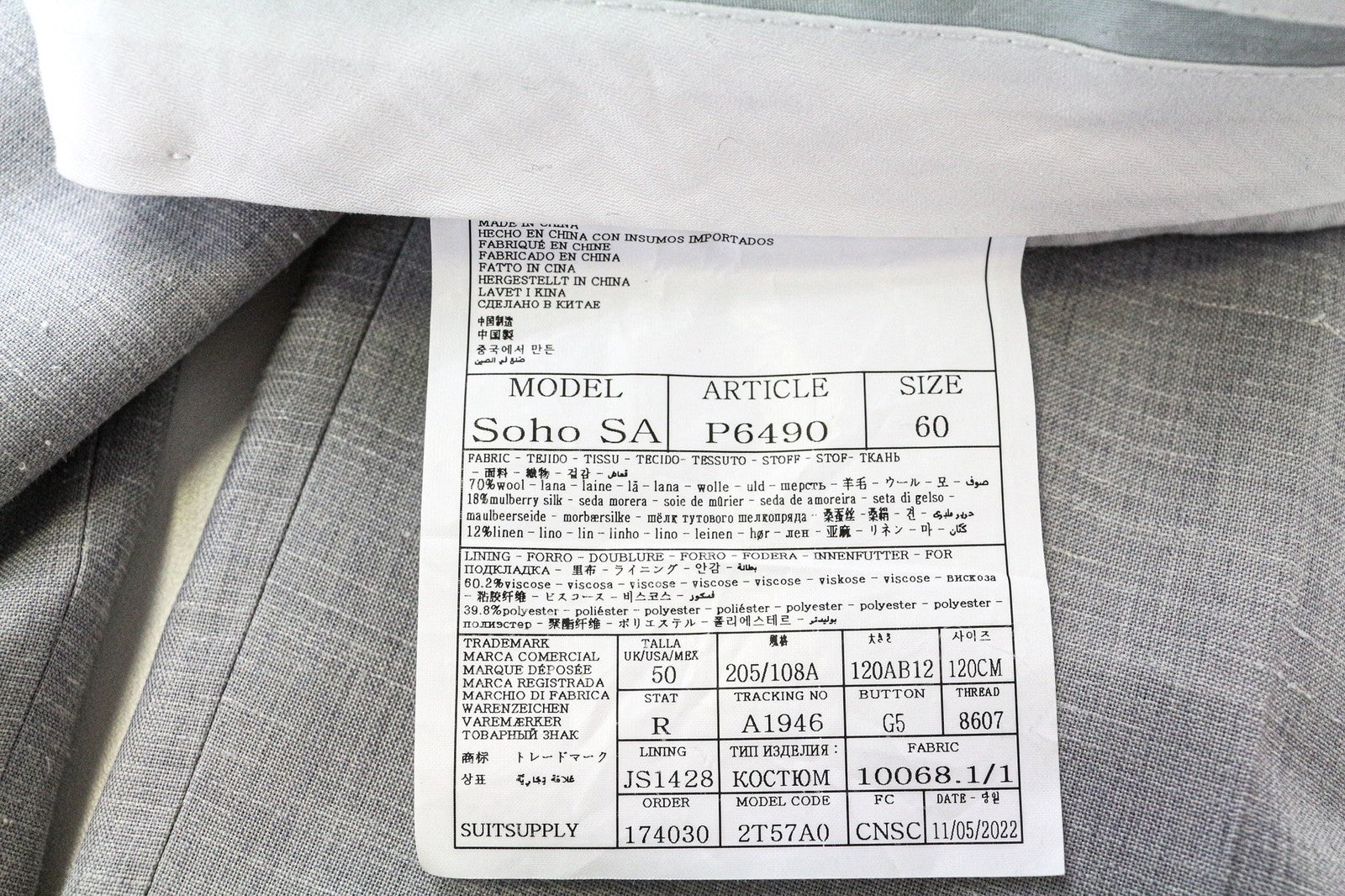 SUITSUPPLY Havana Jetted Men Suit UK50R Grey Melange Slim 2Pc Wool Silk Linen
