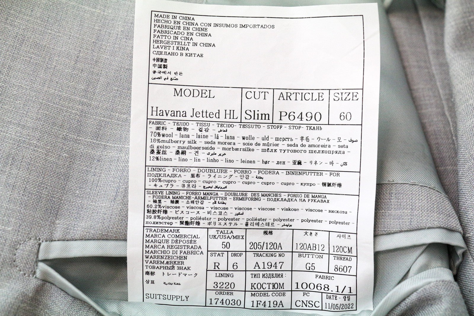 SUITSUPPLY Havana Jetted Men Suit UK50R Grey Melange Slim 2Pc Wool Silk Linen