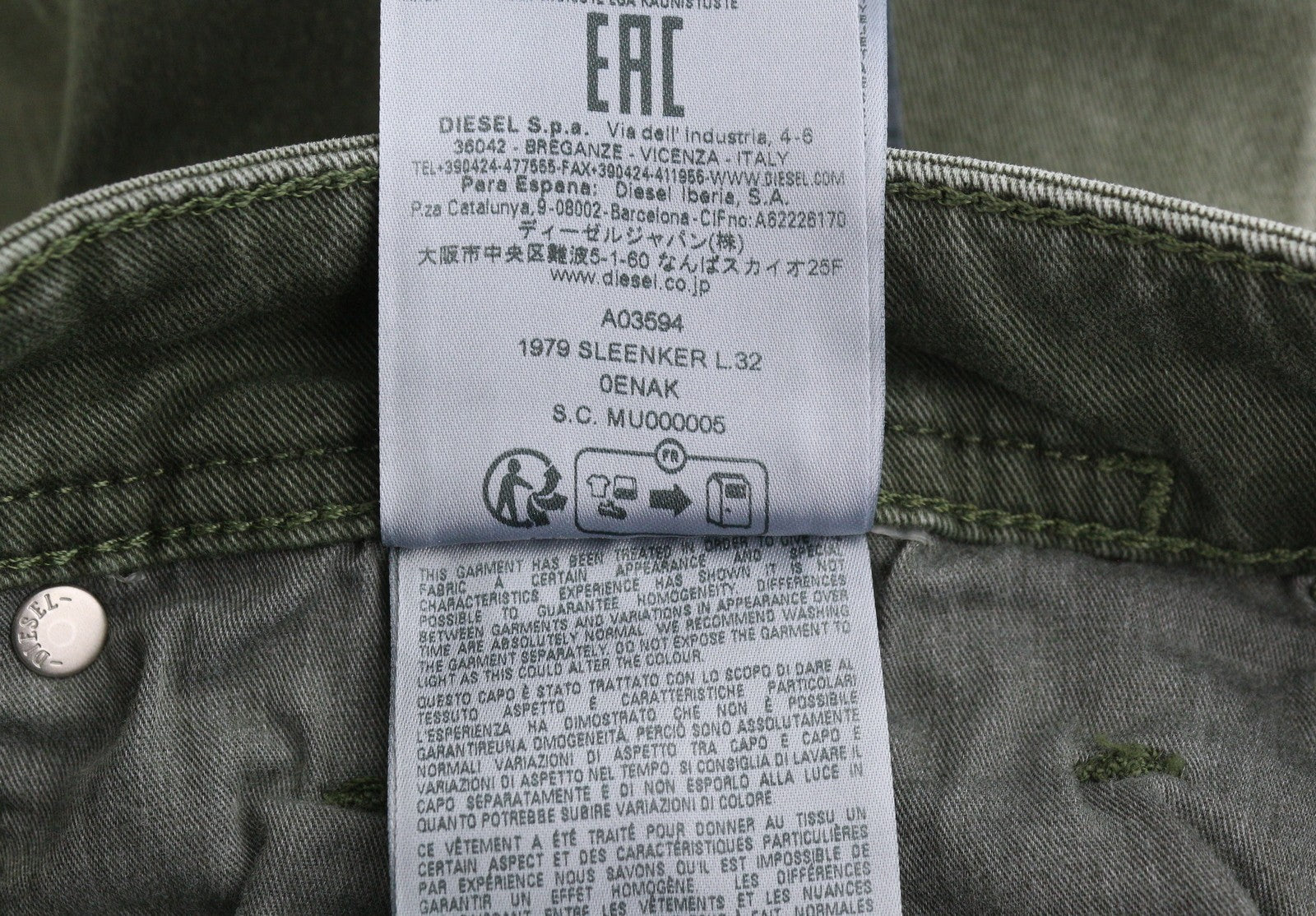 DIESEL 1979 Sleenker 0ENAK Men's Jeans W28/L32 Green Whiskers Low Waist Skinny