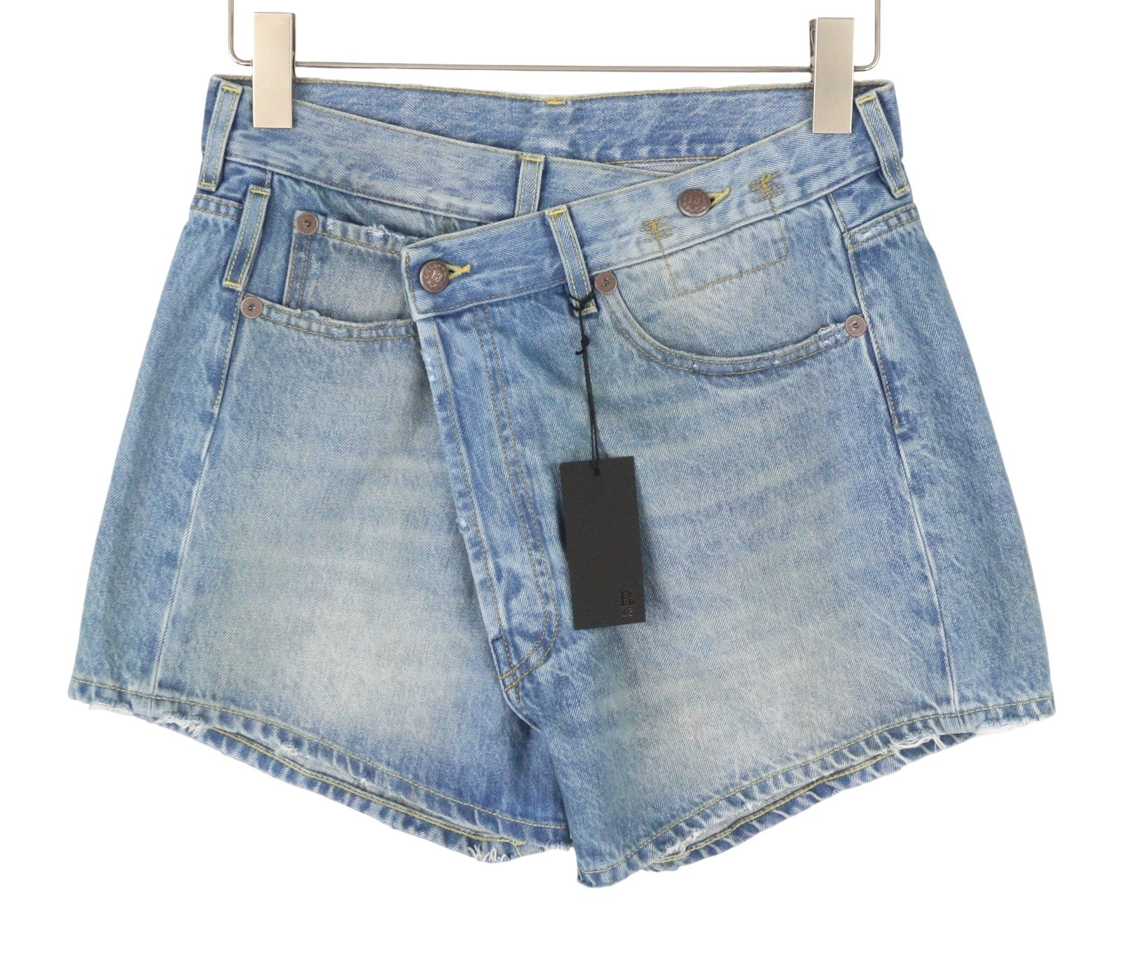 R13 Cross Over Women's Shorts 25 Bain Blue Asymmetric Button Fastening Denim