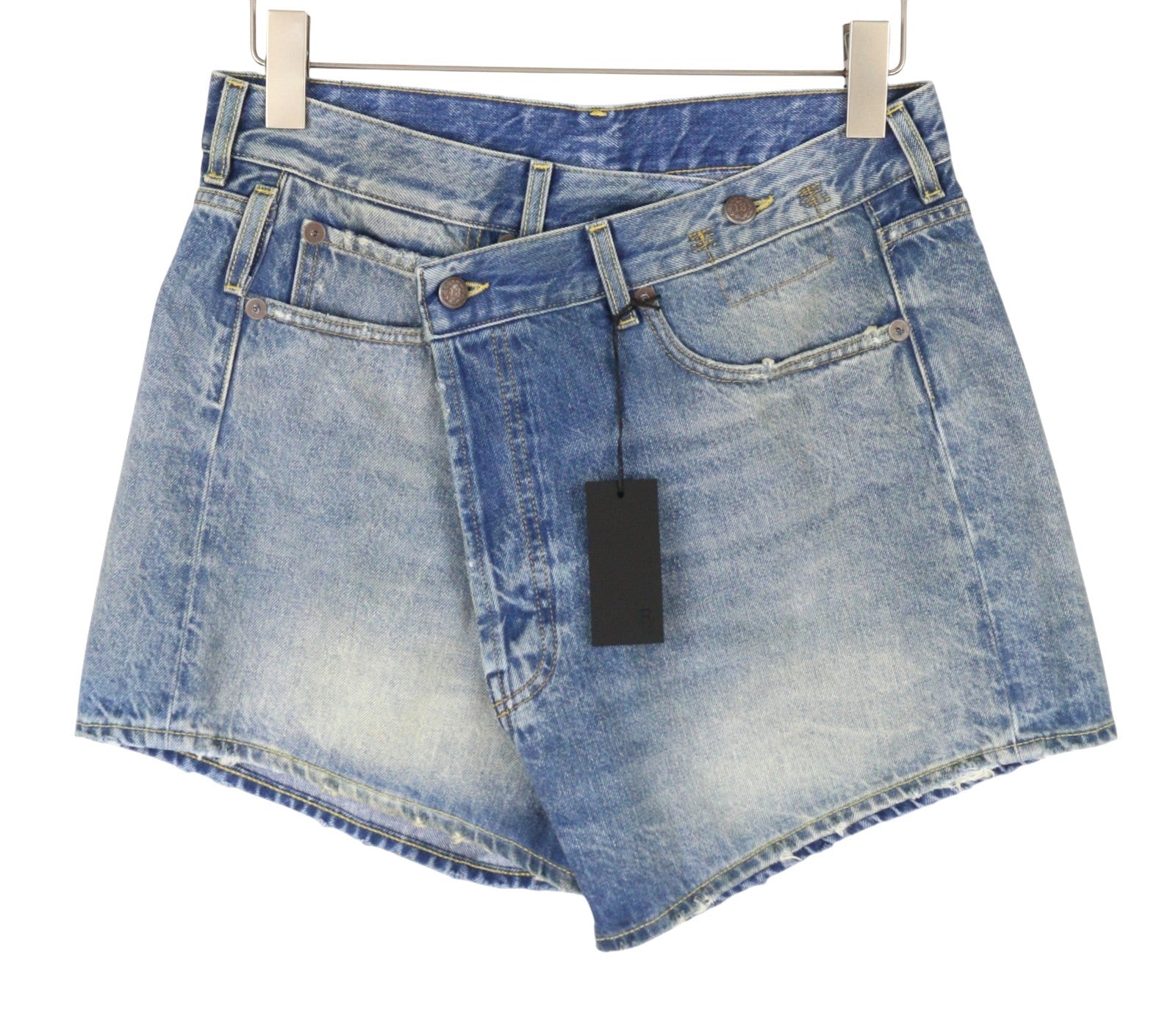 R13 Cross Over Women's Shorts 28 Bain Blue Asymmetric Button Fastening PS26