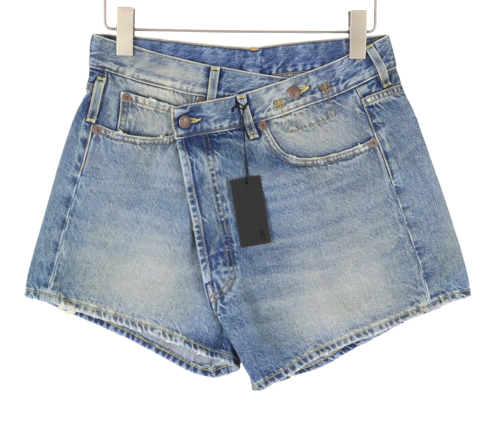 R13 Cross Over Women's Shorts 27 Bain Blue Asymmetric Button Fastening Denim