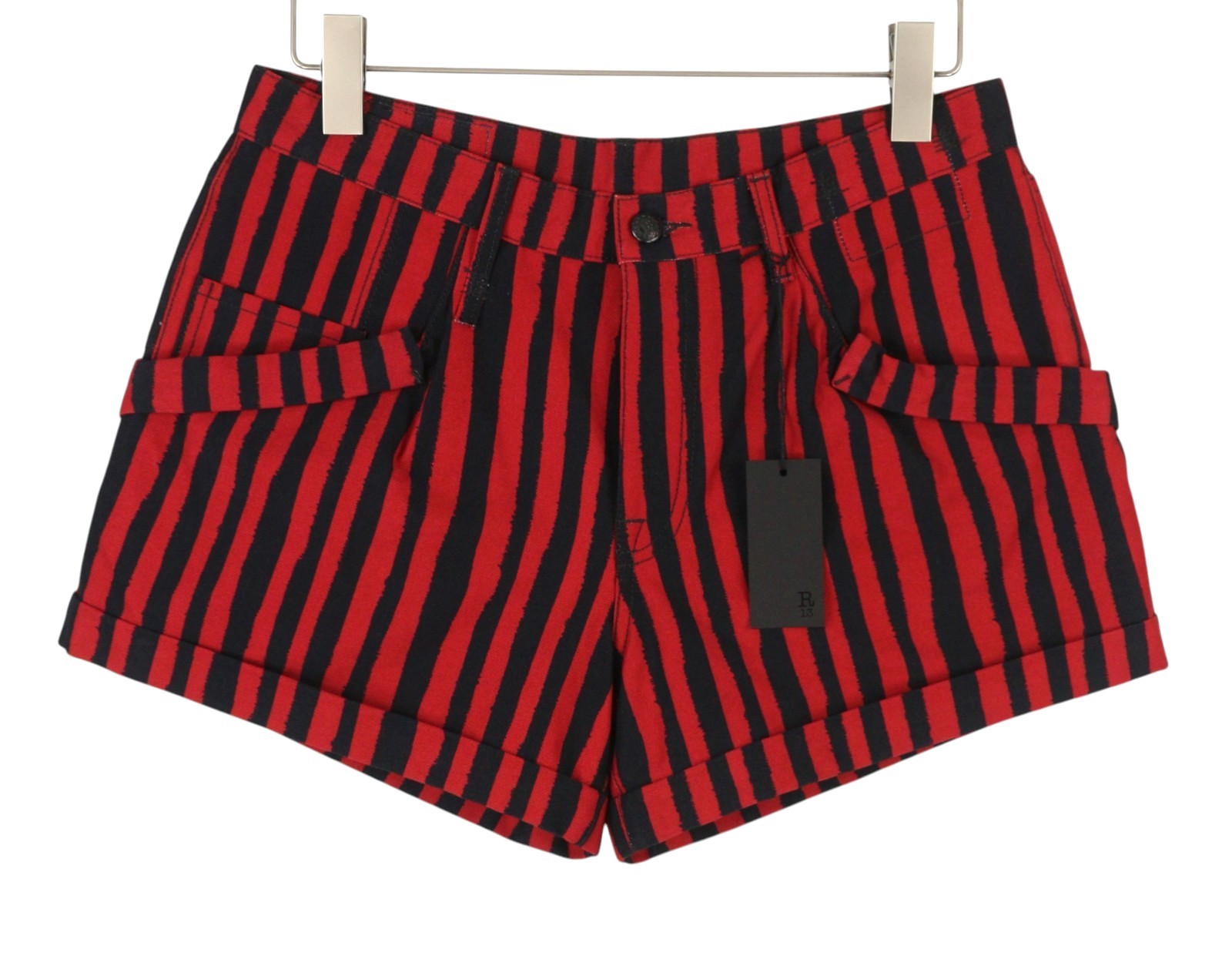 R13 Pouch Pocket Women's Shorts 25 Red Stripe Turn-Up Button Fly Denim PS26