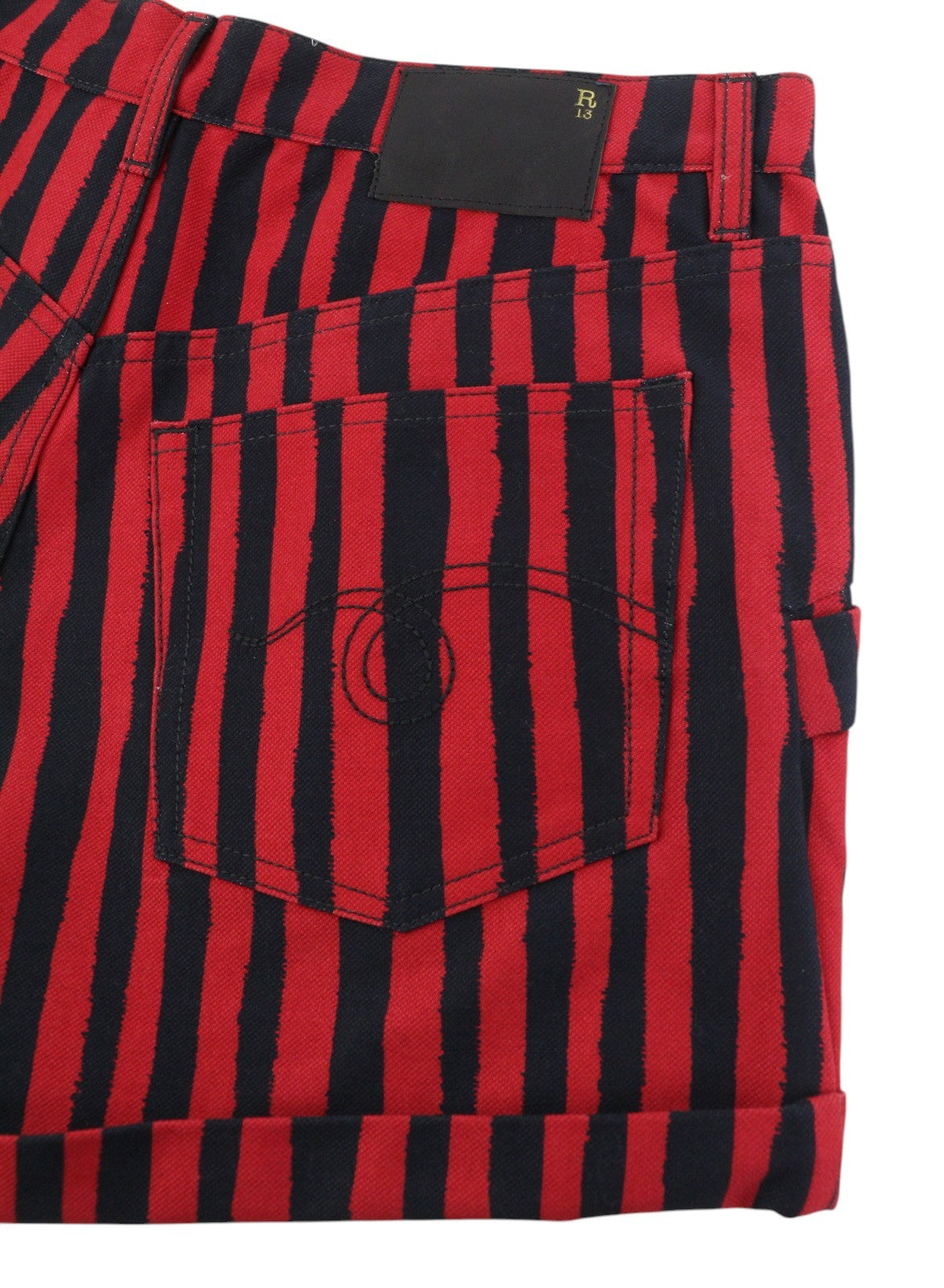 R13 Pouch Pocket Women's Shorts 25 Red Stripe Turn-Up Button Fly Denim PS26