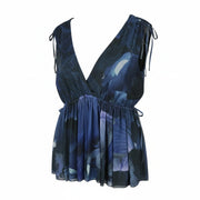 MAX&CO. Women's Blouse S Dark Blue Floral Print Depp V-Neck Sleeveless