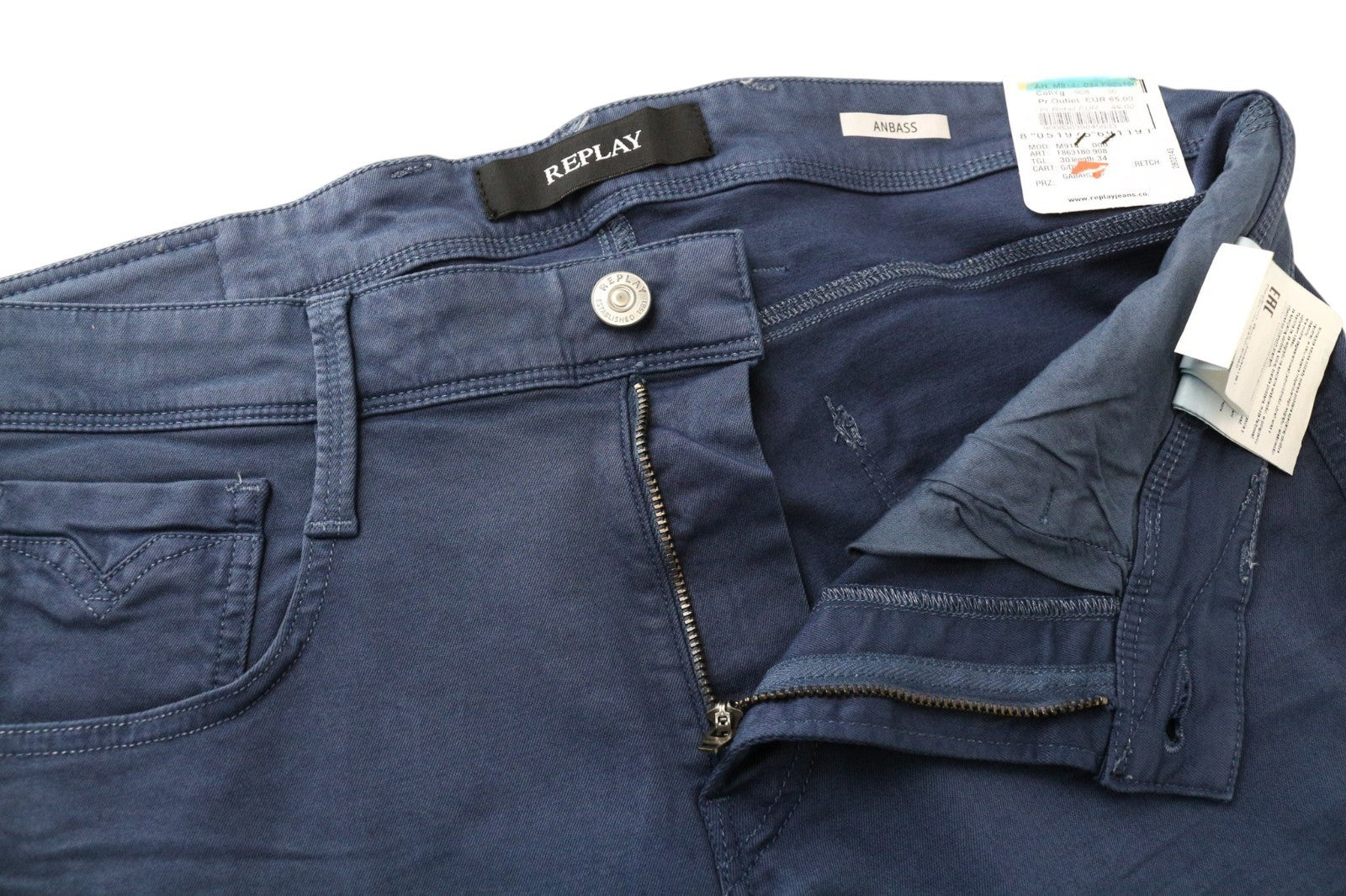 REPLAY Anbass Men Trousers W30/L34 Slim Fit Casual 5-Pocket Blue Cotton Stretch