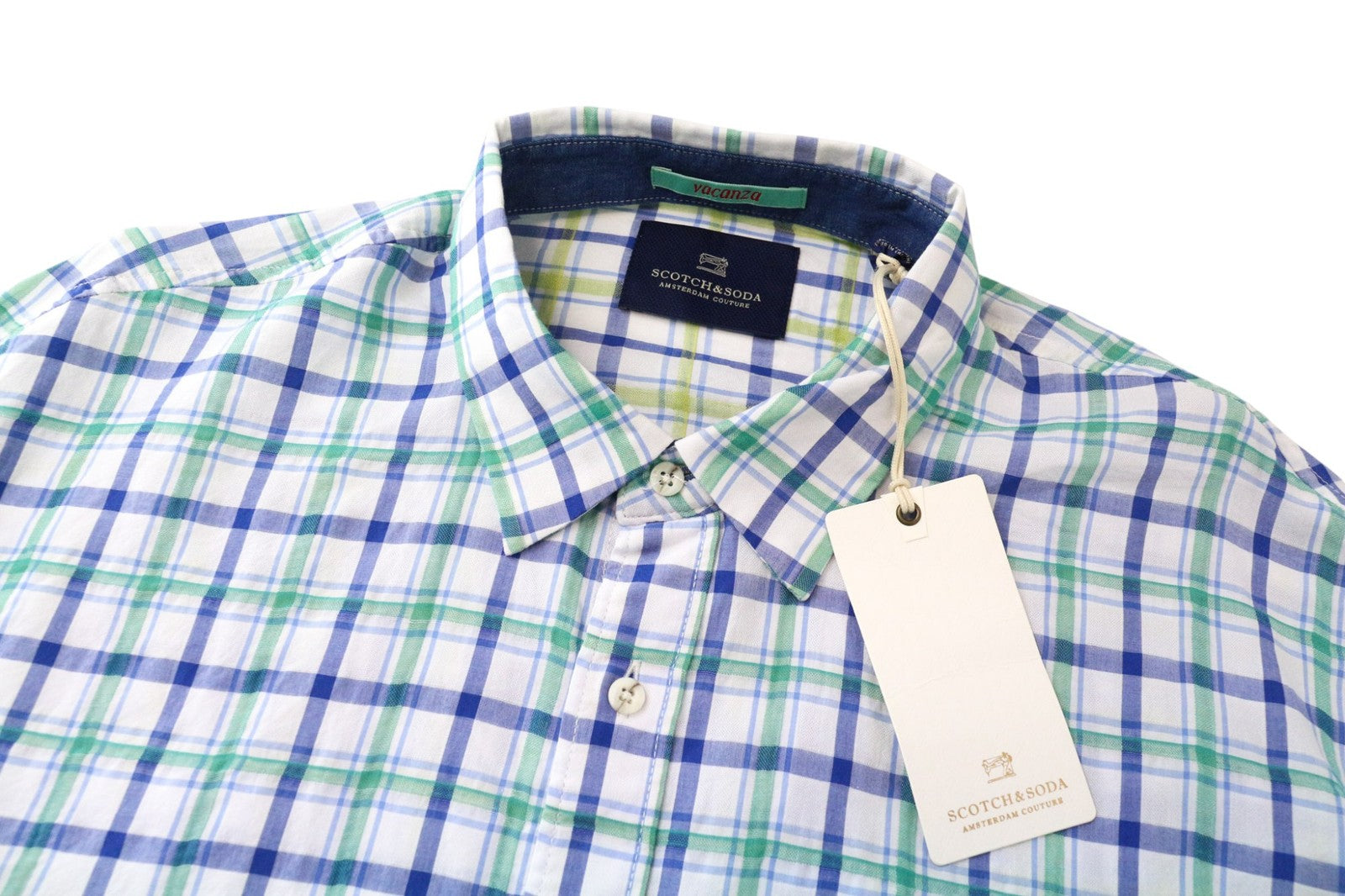 SCOTCH & SODA Ams Couture Men Shirt L Blue Green White Checked Pure Cotton