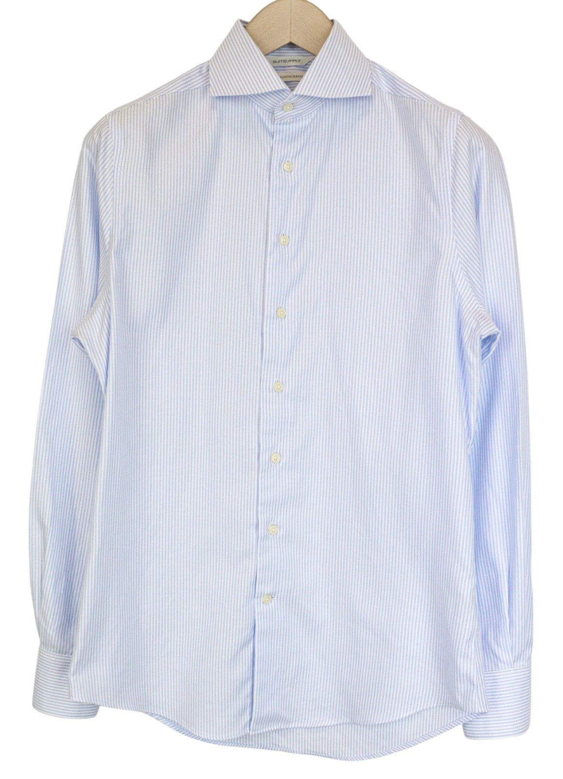 SUITSUPPLY Men Shirt 37/14 1/2 Extra Slim Blue Pure Cotton Striped Classic