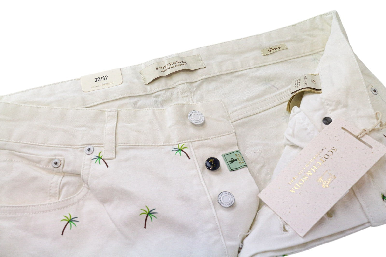 SCOTCH & SODA Dean Men Jeans W32/L32 Off-White Loose Taper Stretch Palm Trees