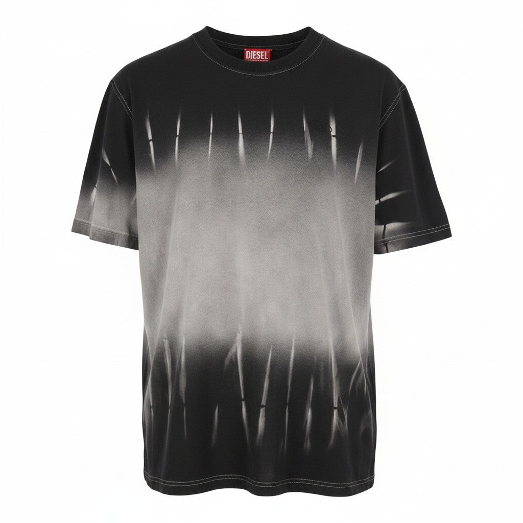 DIESEL T-Adjust-R21 Men T-Shirt L Black Tie-Dyed Print Crew Short Sleeved