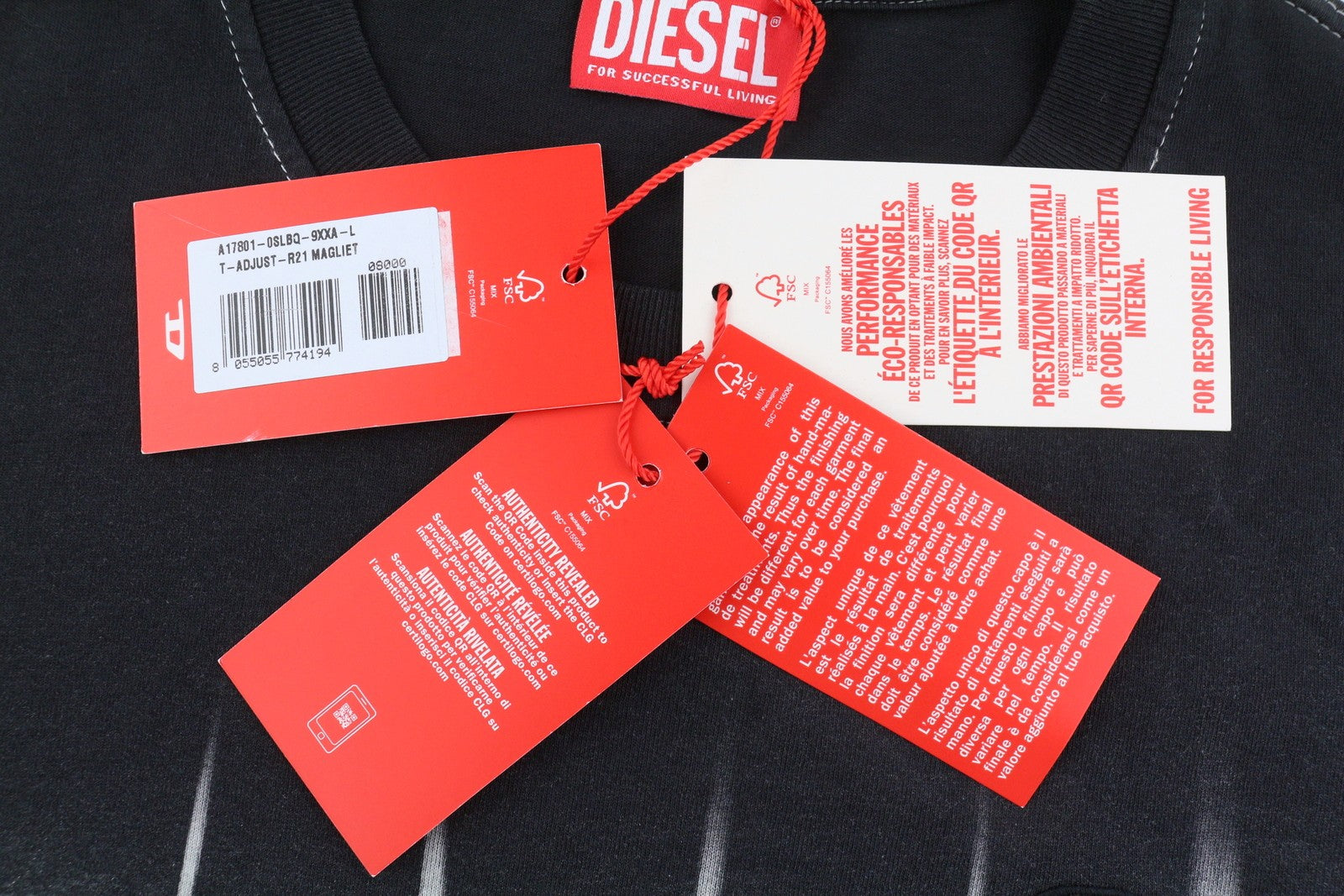 DIESEL T-Adjust-R21 Men T-Shirt L Black Tie-Dyed Print Crew Short Sleeved