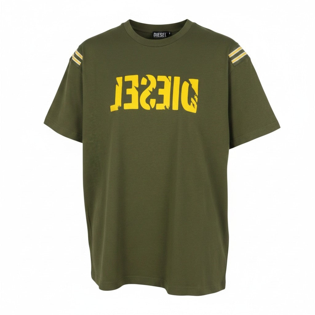 DIESEL T-Just-Rib Men T-Shirt 2XL Khaki Green Cotton Crew Neck Short Sleeved
