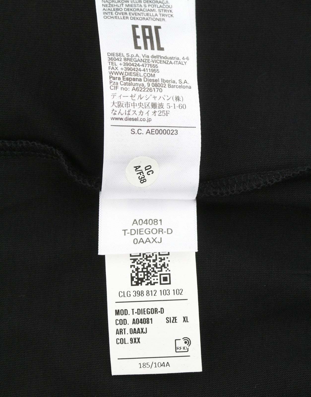 DIESEL T-Diegor-D Men T-Shirt XL Black Cotton Tricot Crew Neck Short Sleeve
