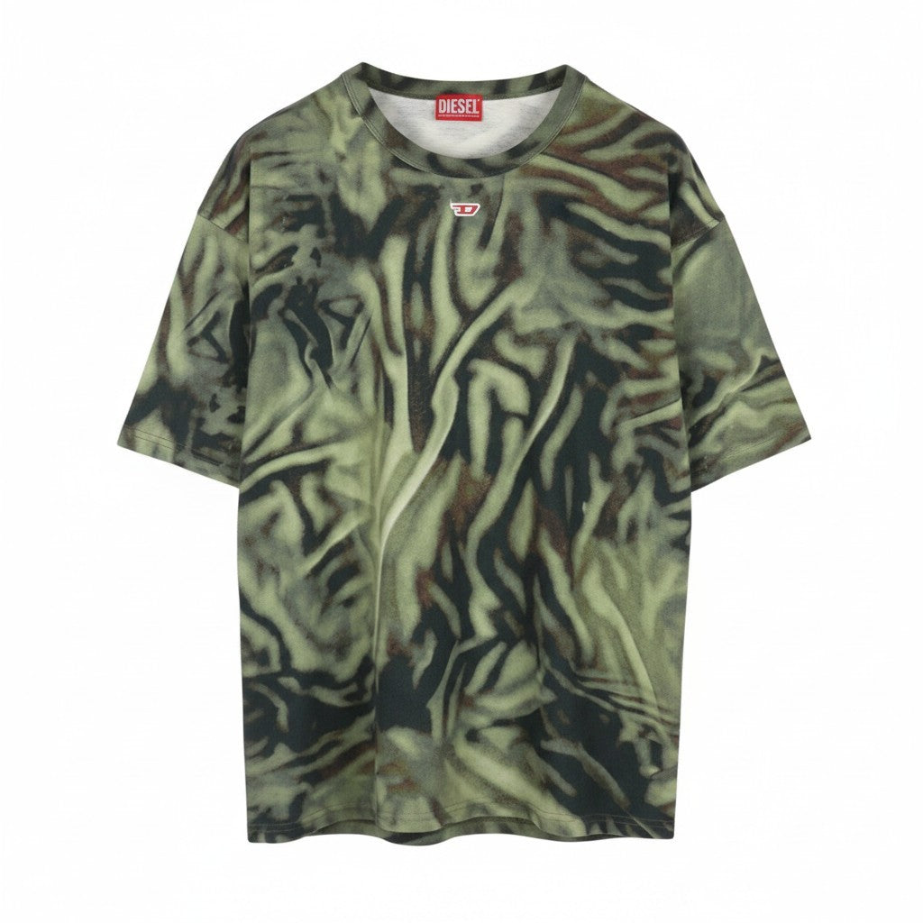 DIESEL T-Boxt-N3 Men T-Shirt L Green Zebra Camo Print Short Sleeve RRP150
