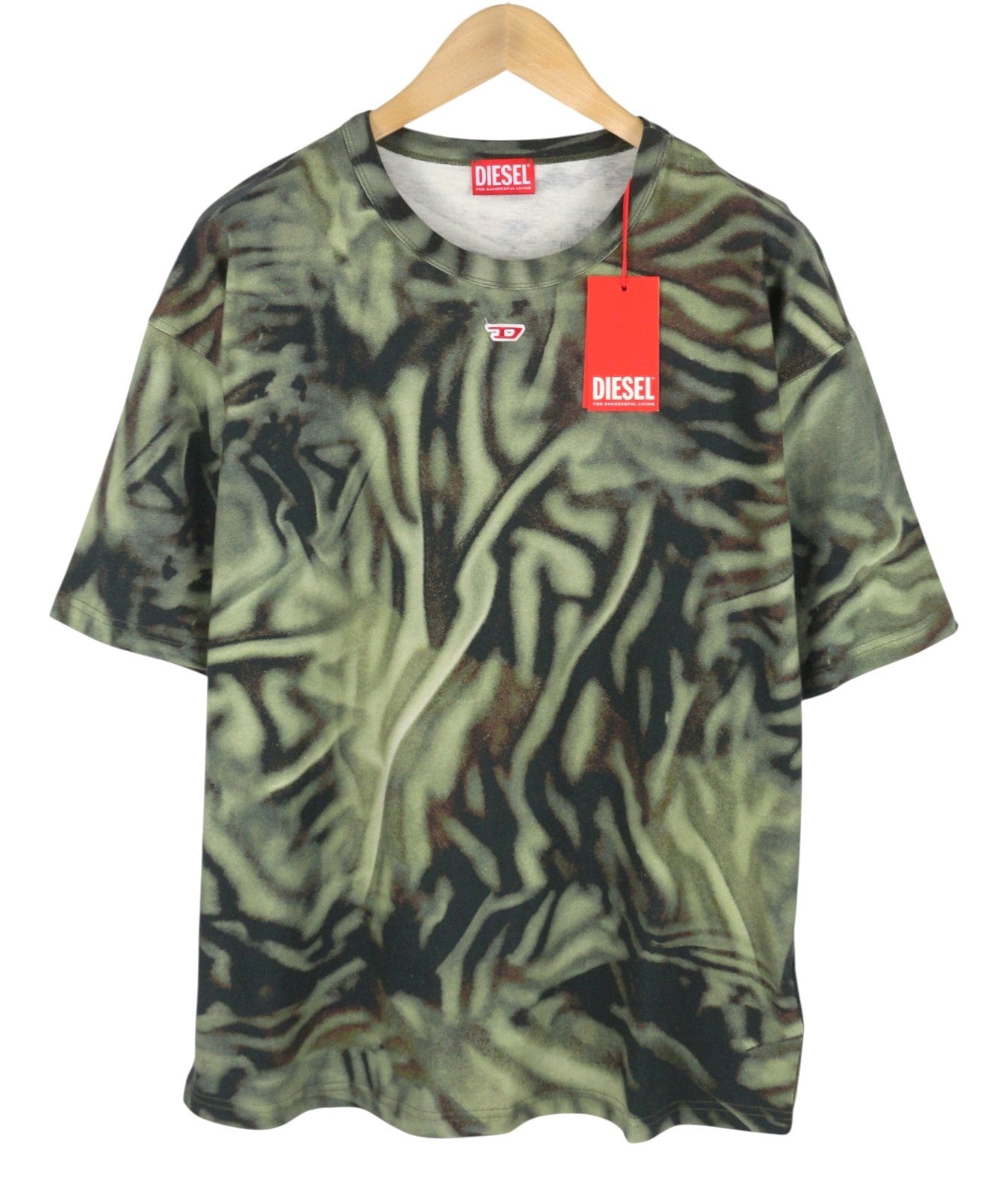 DIESEL T-Boxt-N3 Men T-Shirt L Green Zebra Camo Print Short Sleeve RRP150