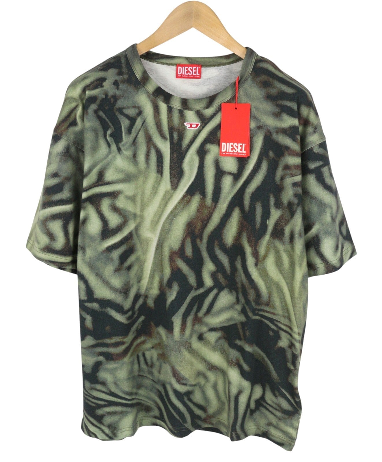 DIESEL T-Boxt-N3 Men T-Shirt L Green Zebra-Camo Print Short Sleeve RRP150