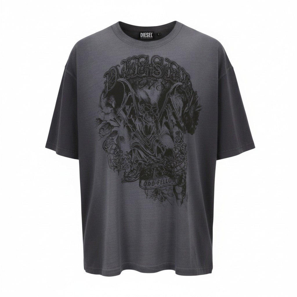 DIESEL T-Wash-Q1 Men T-Shirt 2XL Grey Faded Patterned Oversized Short Sleeve