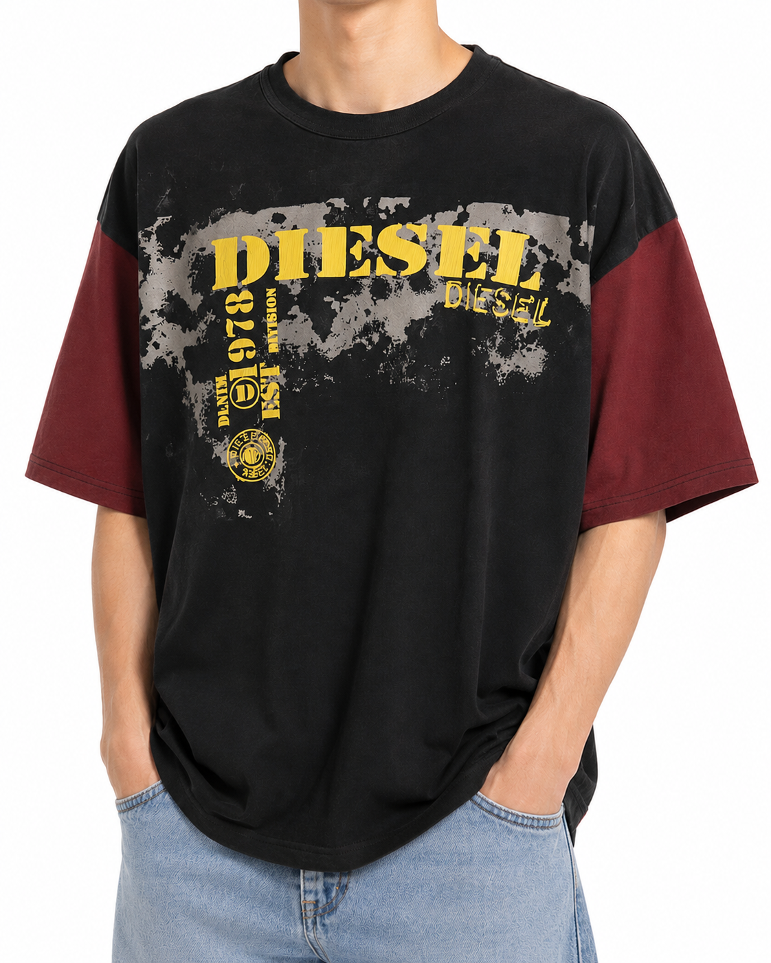 DIESEL T-Boxt-Q4 Men T-Shirt L Black Patterned Oversized Crew Short Sleeve
