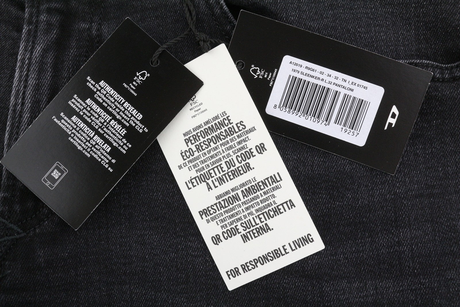 DIESEL 1979 Sleenker R9G61 Men Jeans W34/L32 Black Whiskers Faded Skinny RRP150