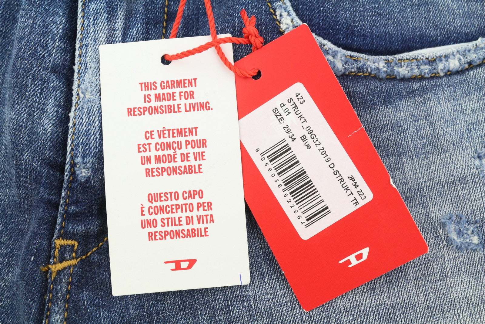 DIESEL 2019 D-Strukt 09G32 Men's Jeans W29/L34 Blue Whiskers Faded Distress